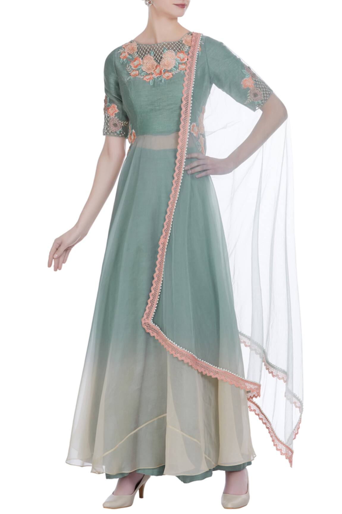 Incheetape Threadwork embroidered kurta with flared pants and dupatta