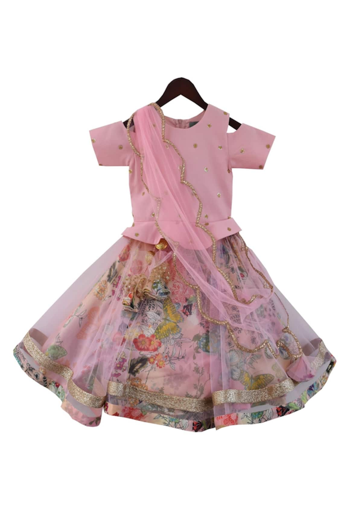 Fayon Kids Embroidered blouse with printed lehenga with dupatta