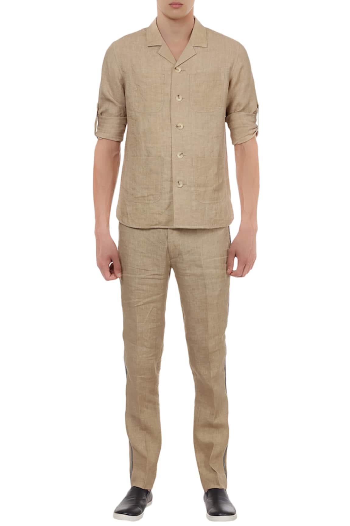 Lacquer Embassy Cuban collar shirt with casual trousers