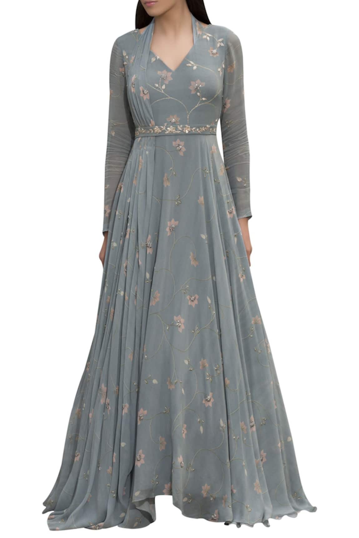 Sana Barreja Floral printed anarkali with embroidered belt & attached dupatta