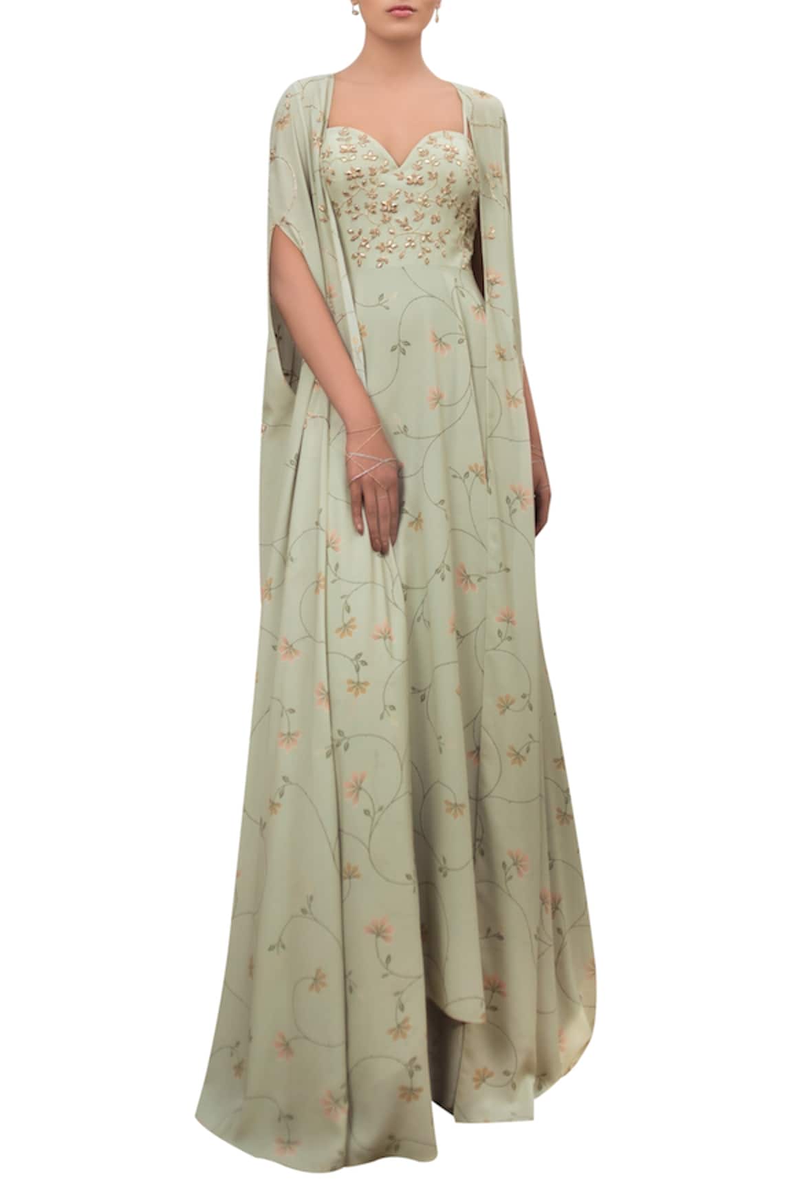 Sana Barreja Floral Print Gown with Cape