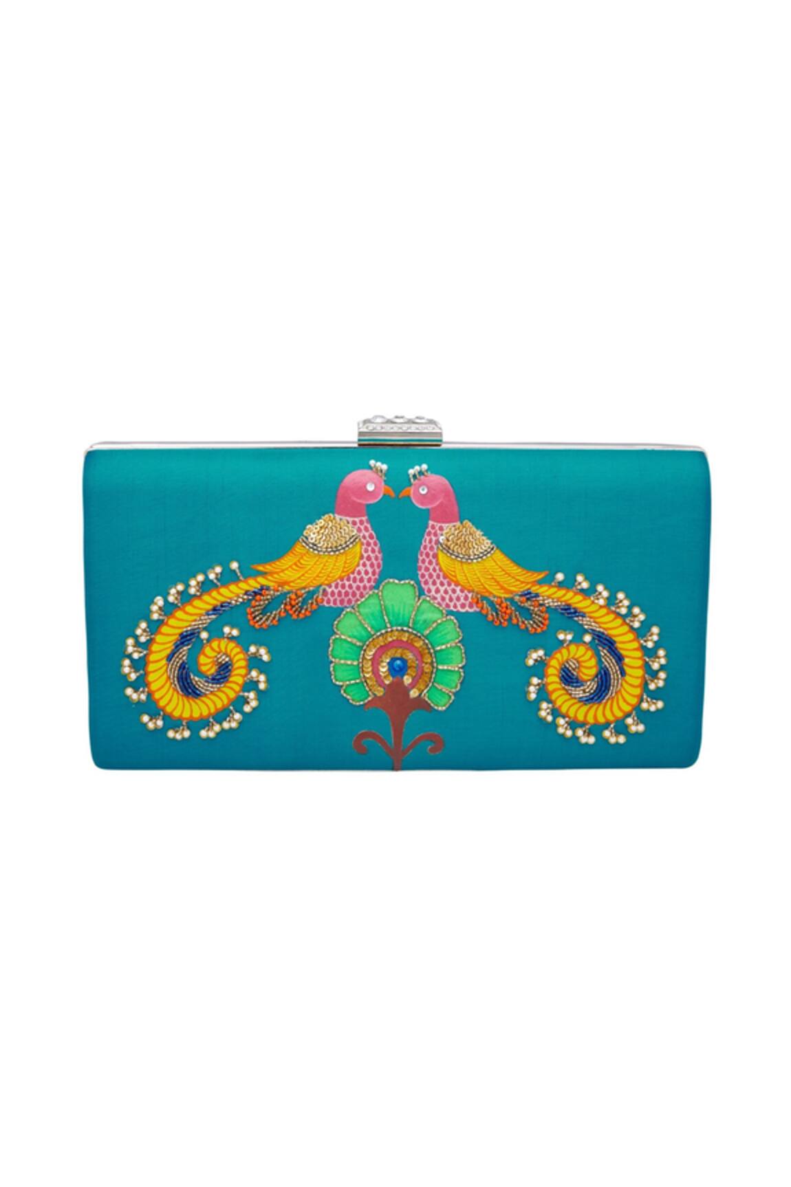 Crazy Palette Silk embroidered turquoise clutch