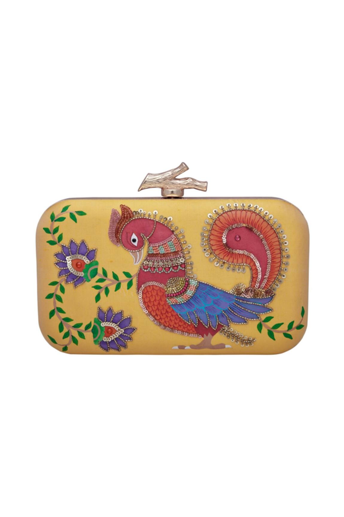Crazy Palette Parrot & floral motif embroidered clutch