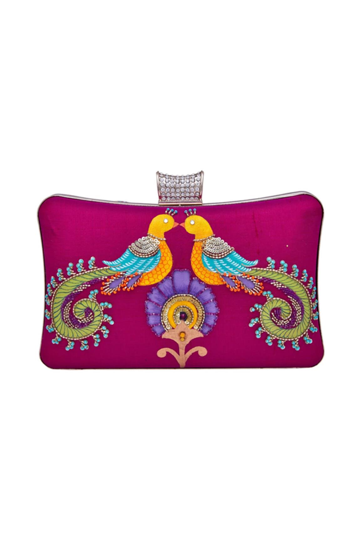 Crazy Palette Peacock motif embroidered clutch
