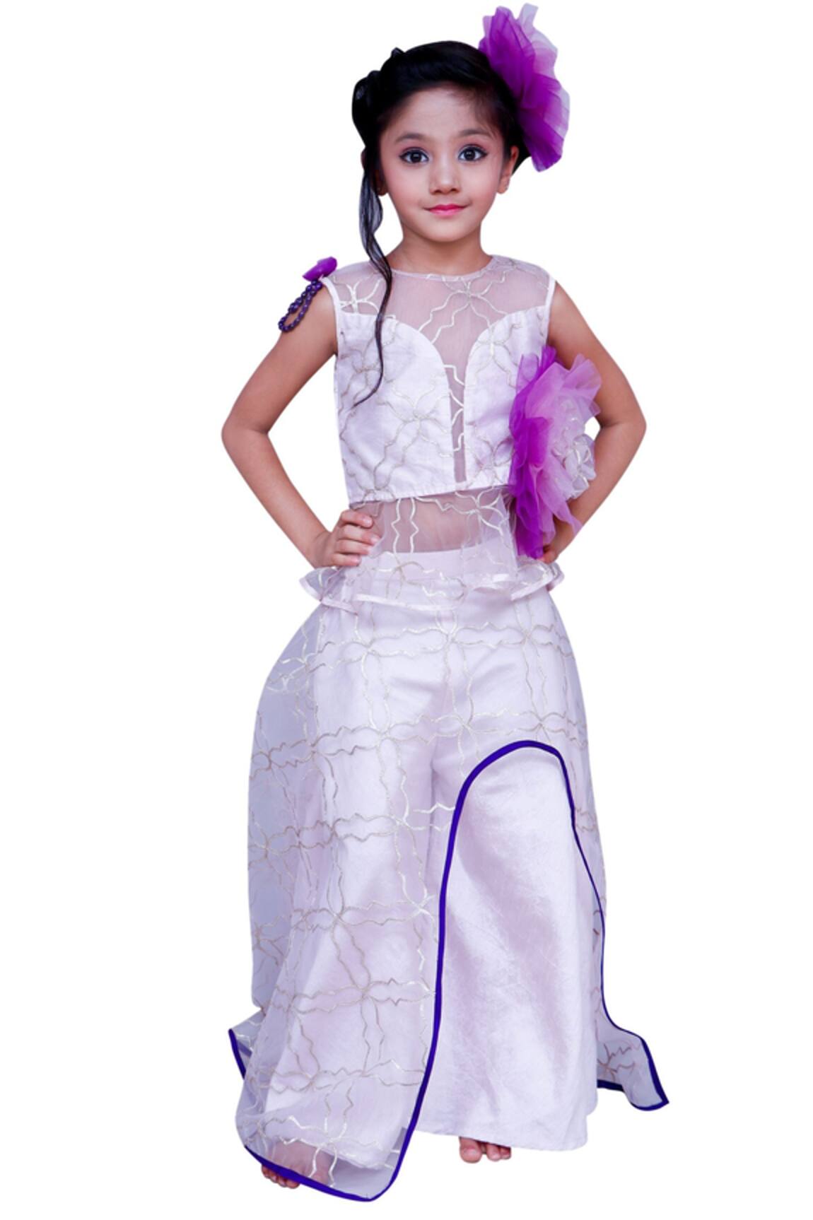 Kirti Agarwal - Pret N Couture Flower detail peplum top with layered skirt & palazzo