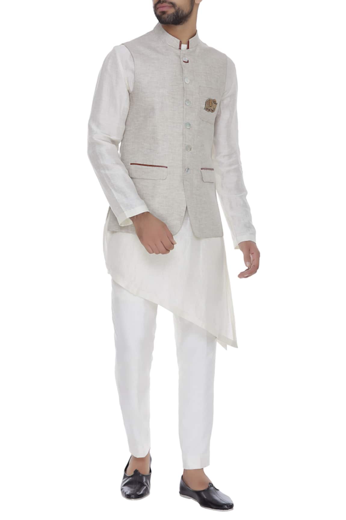 Aqube by Amber Linen nehru jacket with embroidered elephant motif