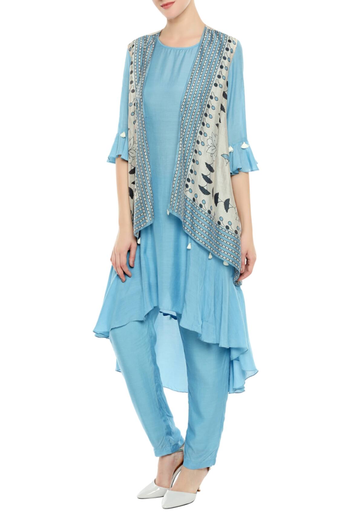 Soup By Sougat Paul Asymmetric kurta with printed tassel jacket and pants