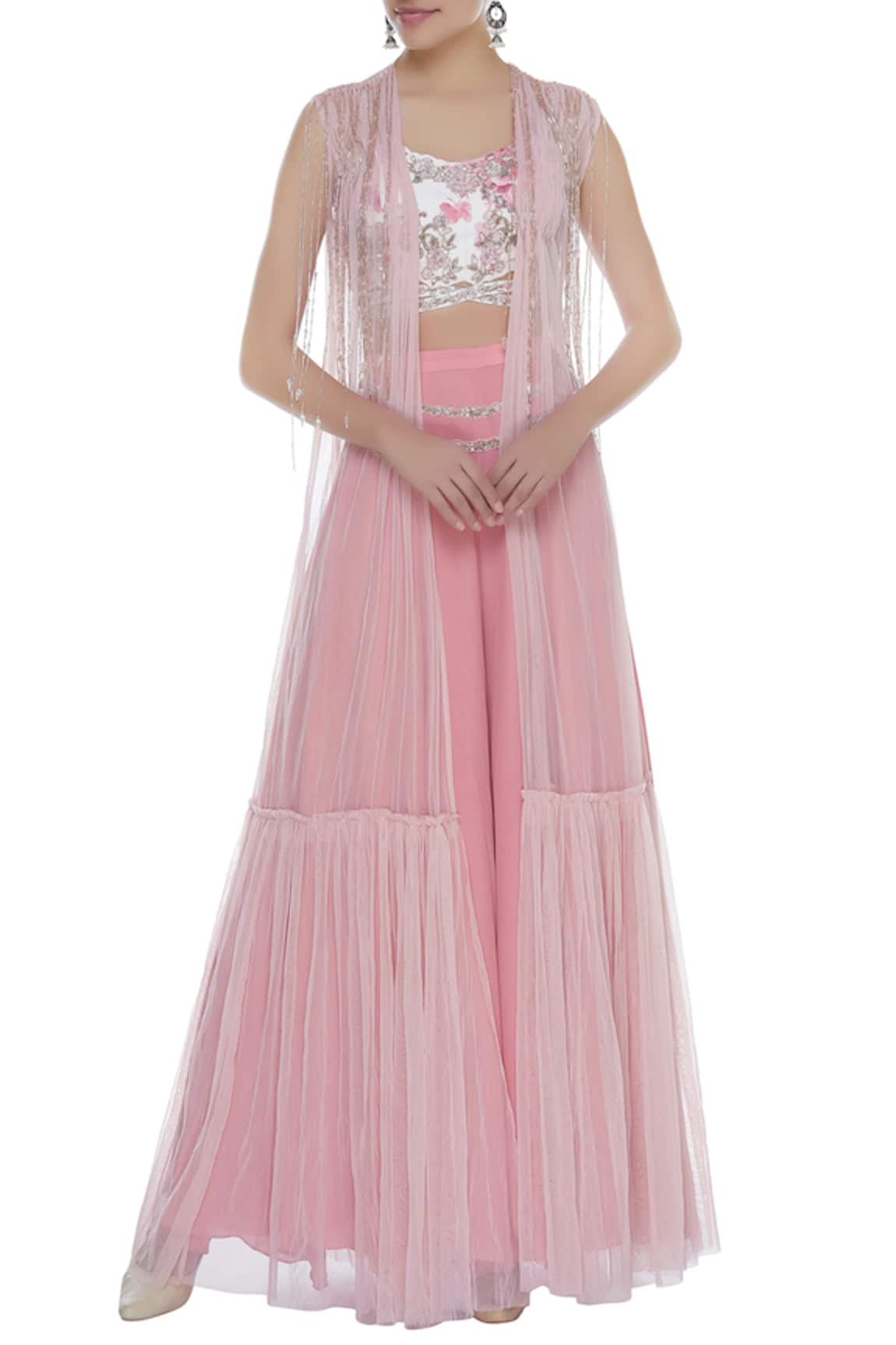 Mani Bhatia Rose Print Crop Top With Palazzo Pants & cape 