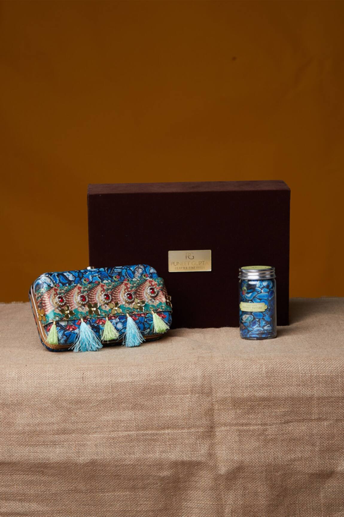 Puneet Gupta Embellished Blue Clutch & Pocket Square Set