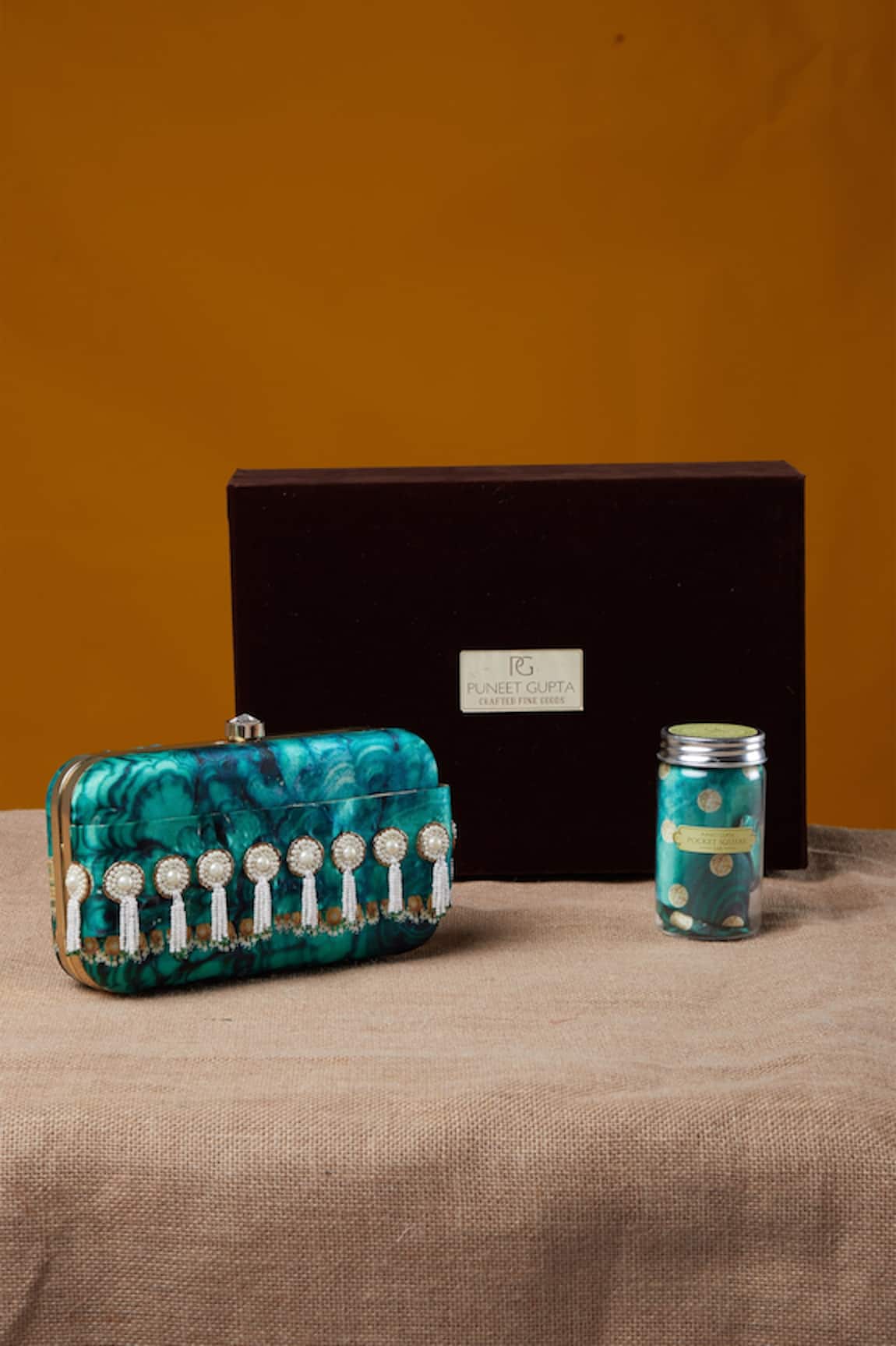 Puneet Gupta Hand Embroidered Clutch & Pocket Square Gift Box