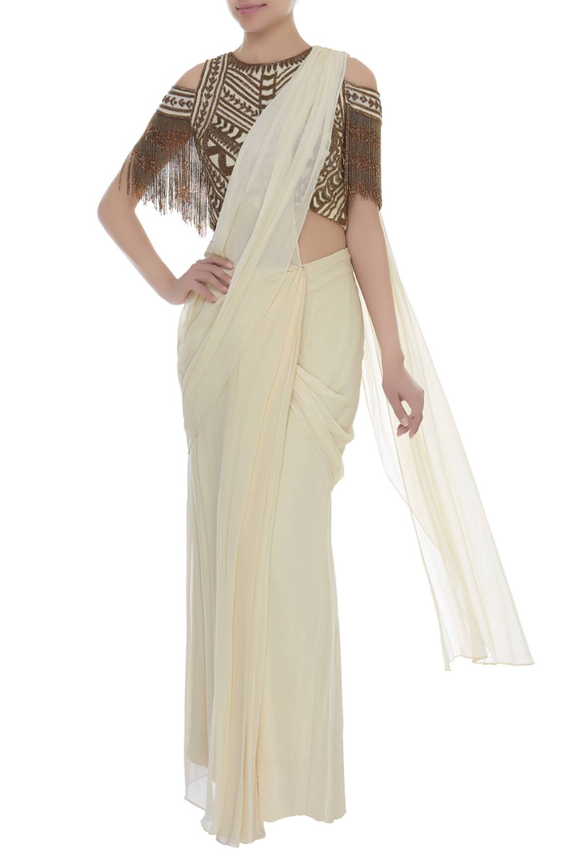Samatvam By Anjali Bhaskar Cold shoulder embroidered blouse with pre draped saree