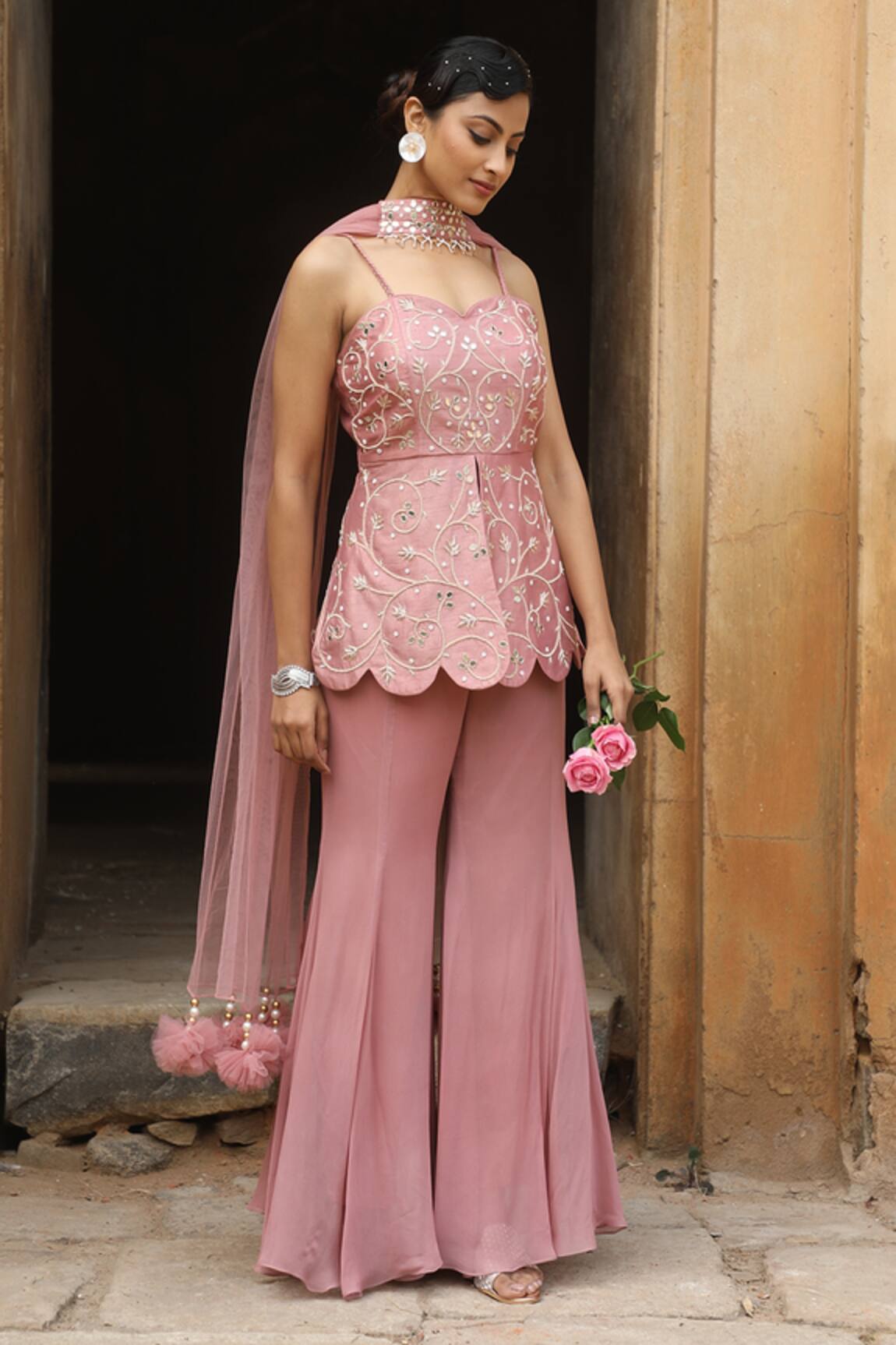 Nitisha Kashyap Official Floral Jaal Embroidered Peplum Kurta Sharara Set 