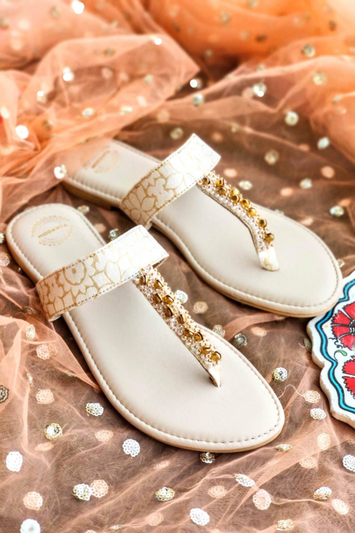 Modanta Footwear Ghungroo Embellished T Strap Flats 