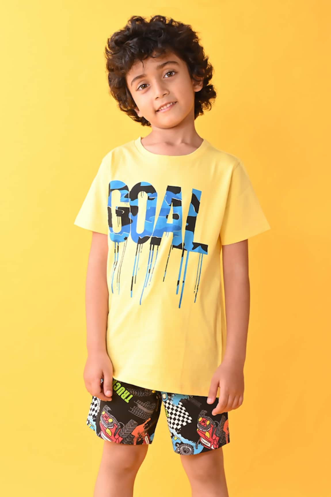 Anthrilo - Yellow Goal Print T-shirt And Contrast Shorts Set For Boys