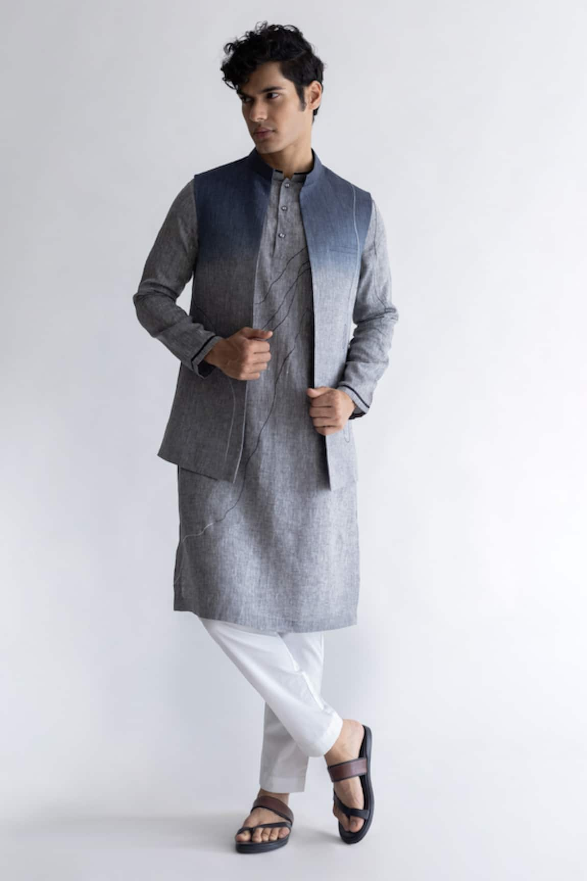 Kaha Rosag Thread Embroidered Bundi Kurta Set