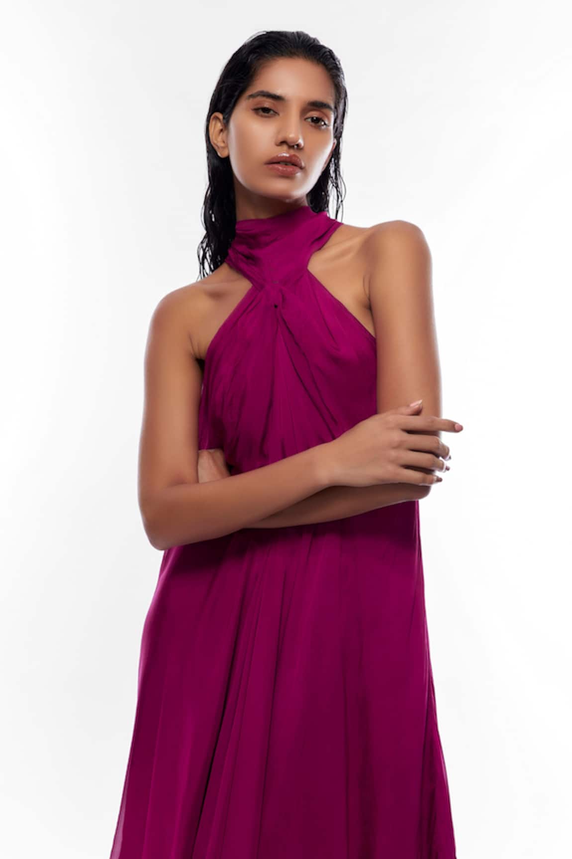 Buy Pink Chiffon Halter Neck Asymmetric Hem Gown For Women by Deme