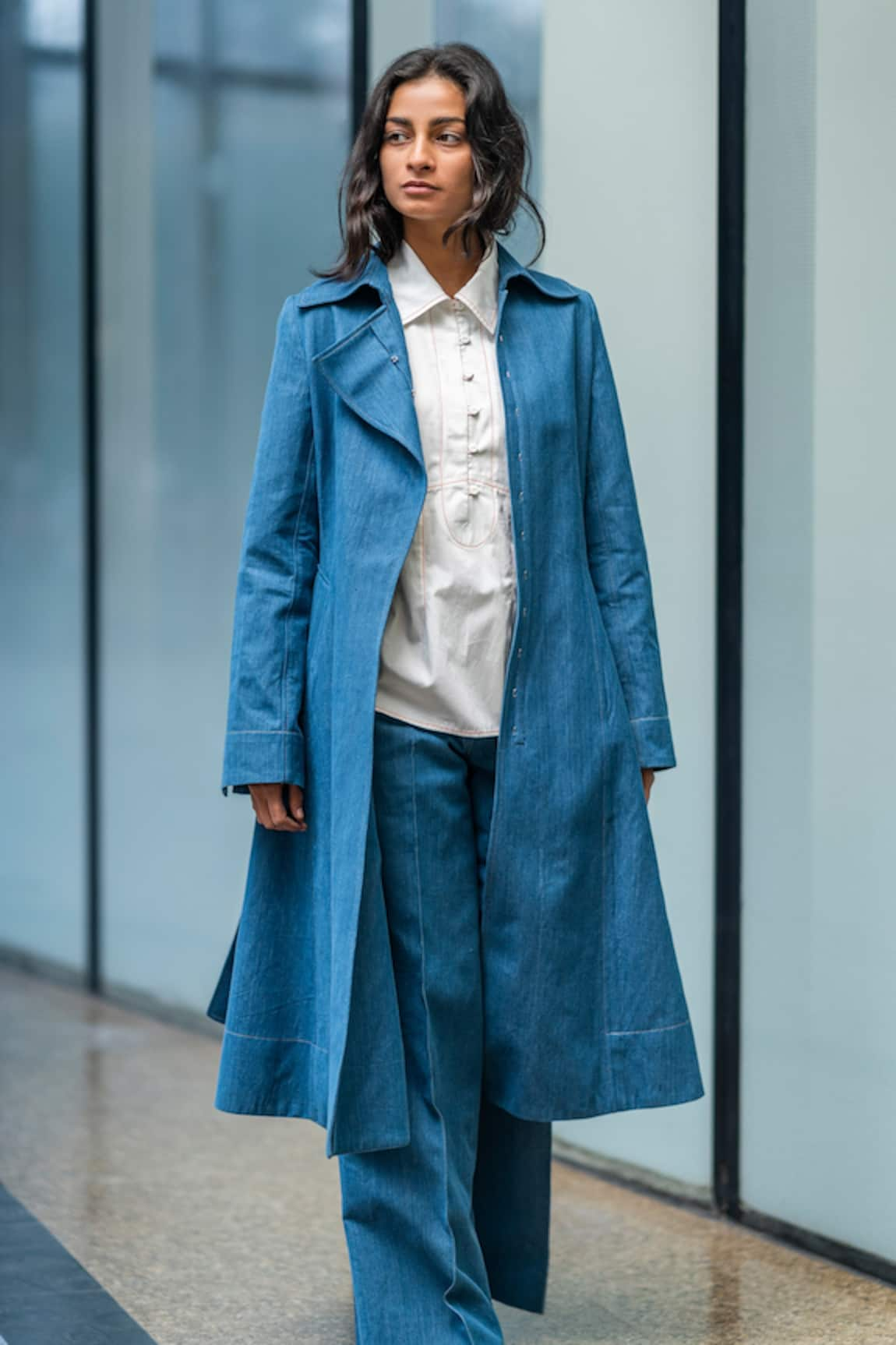 Leh Studios - Blue 100% Cotton Poplin Collared Neck Long Shell Coat Jacket  For Women