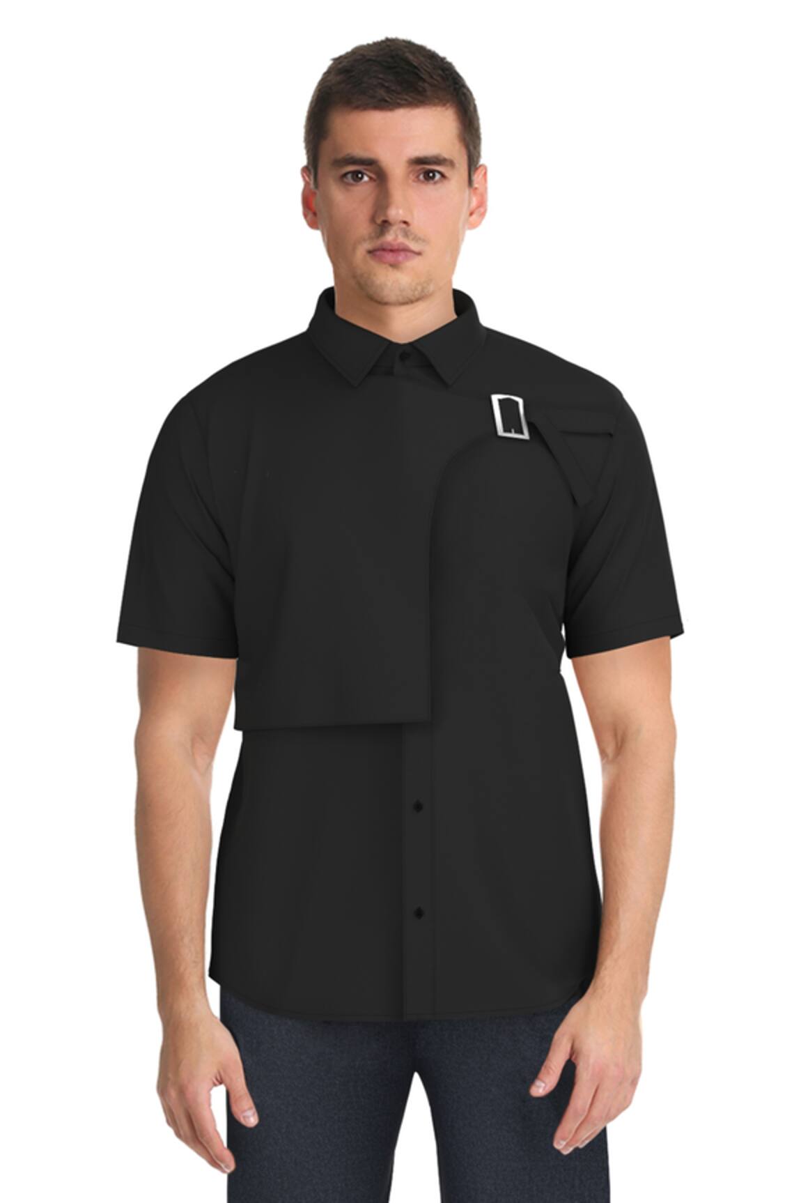 HeSpoke - Black Cotton Twill Plain Commando Buckle Panelled Shirt For Men