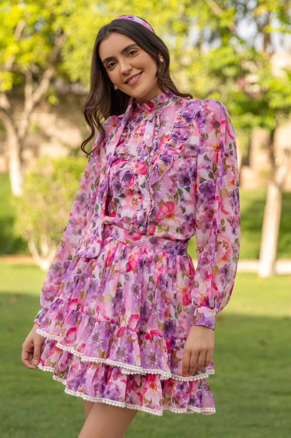 B'Infinite Floral Pattern Shirt & Tiered Skirt Set