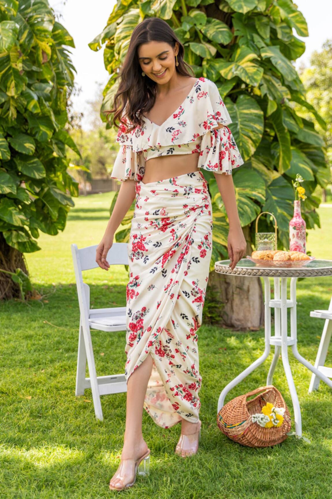 Viveca Two Piece Set - Bandeau Crop Top and Drop Waist Maxi Skirt in Rosie  Floral