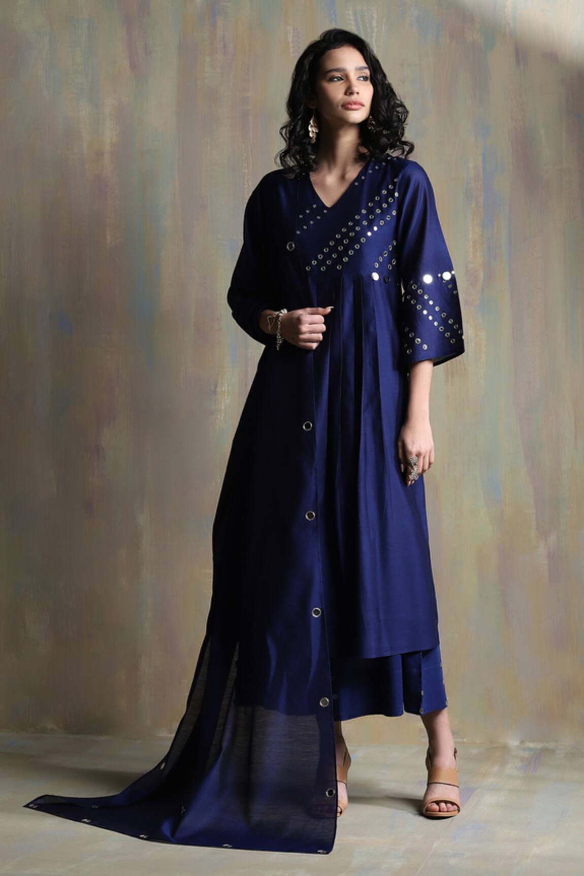 Charkhee Blue Mirror Work Kurta Palazzo Set 