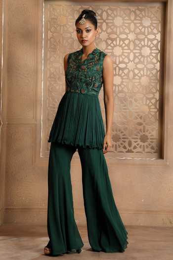 Buy Emerald Green Chiffon, Pankhi Zardozi Peplum Top And Bell