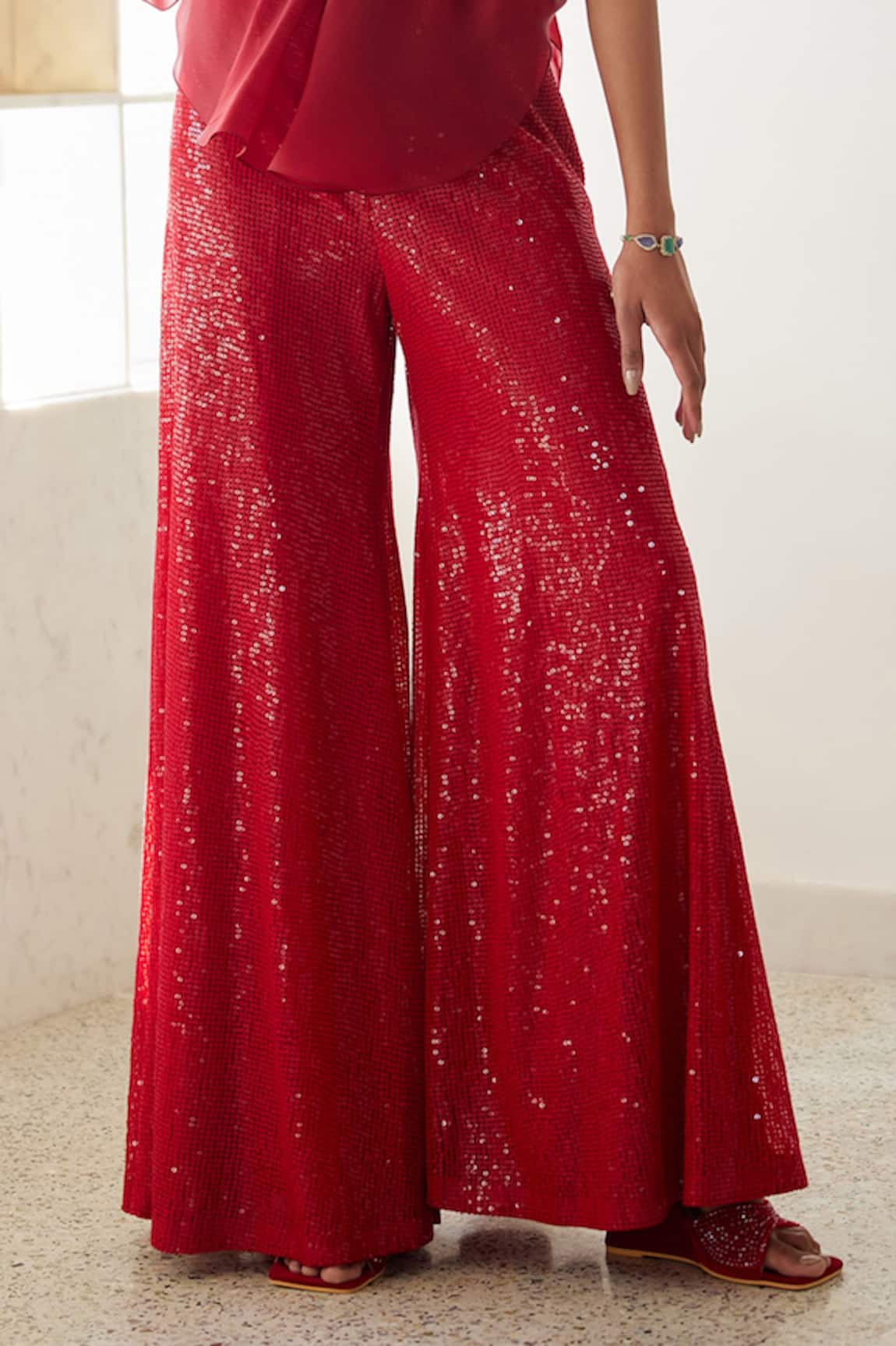 Buy Prisho Red Silk Sheer Cape And Draped Pant Set Online  Aza Fashions