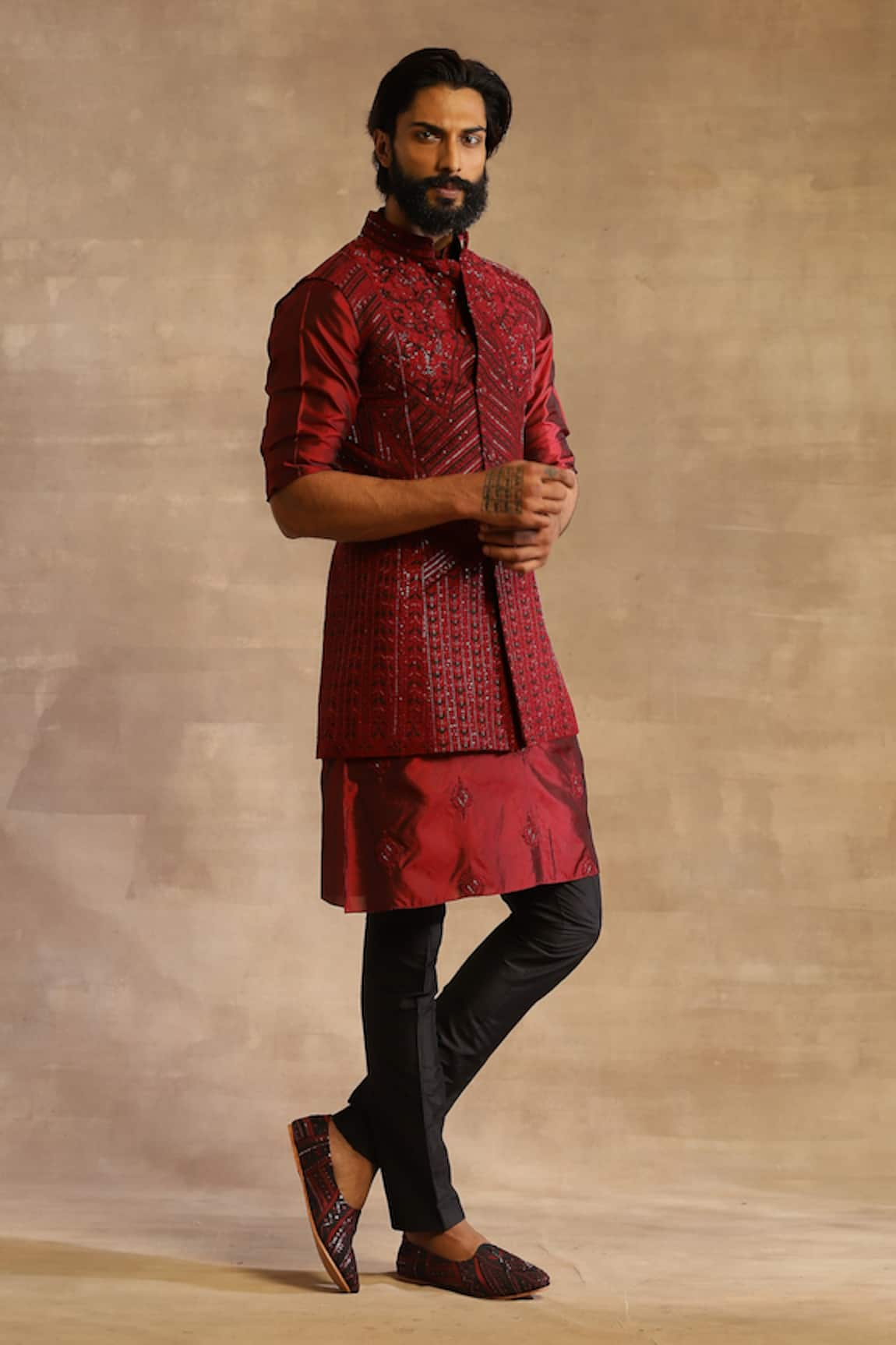 Waistcoat on store maroon kurta