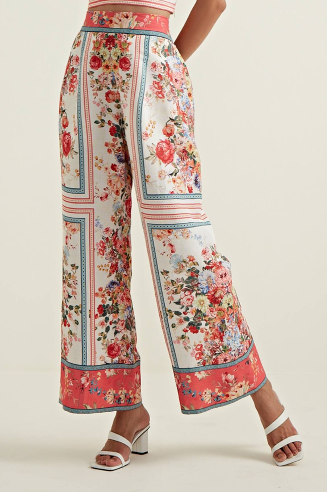 Floral Printed Wide Leg Trousers Poppy Ivory