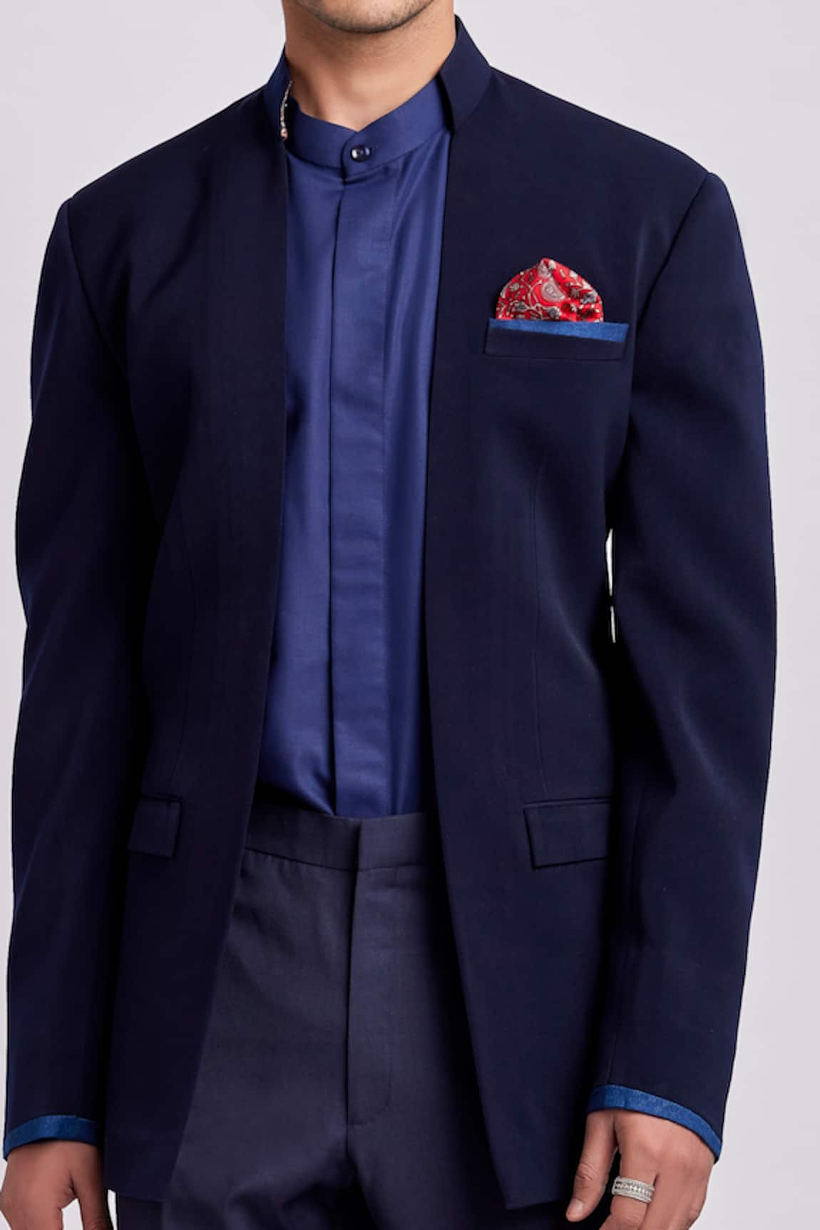 Bubber Couture - Blue Crepe Wool Plain Konstantin Front Open Bandhgala  Jacket For Men