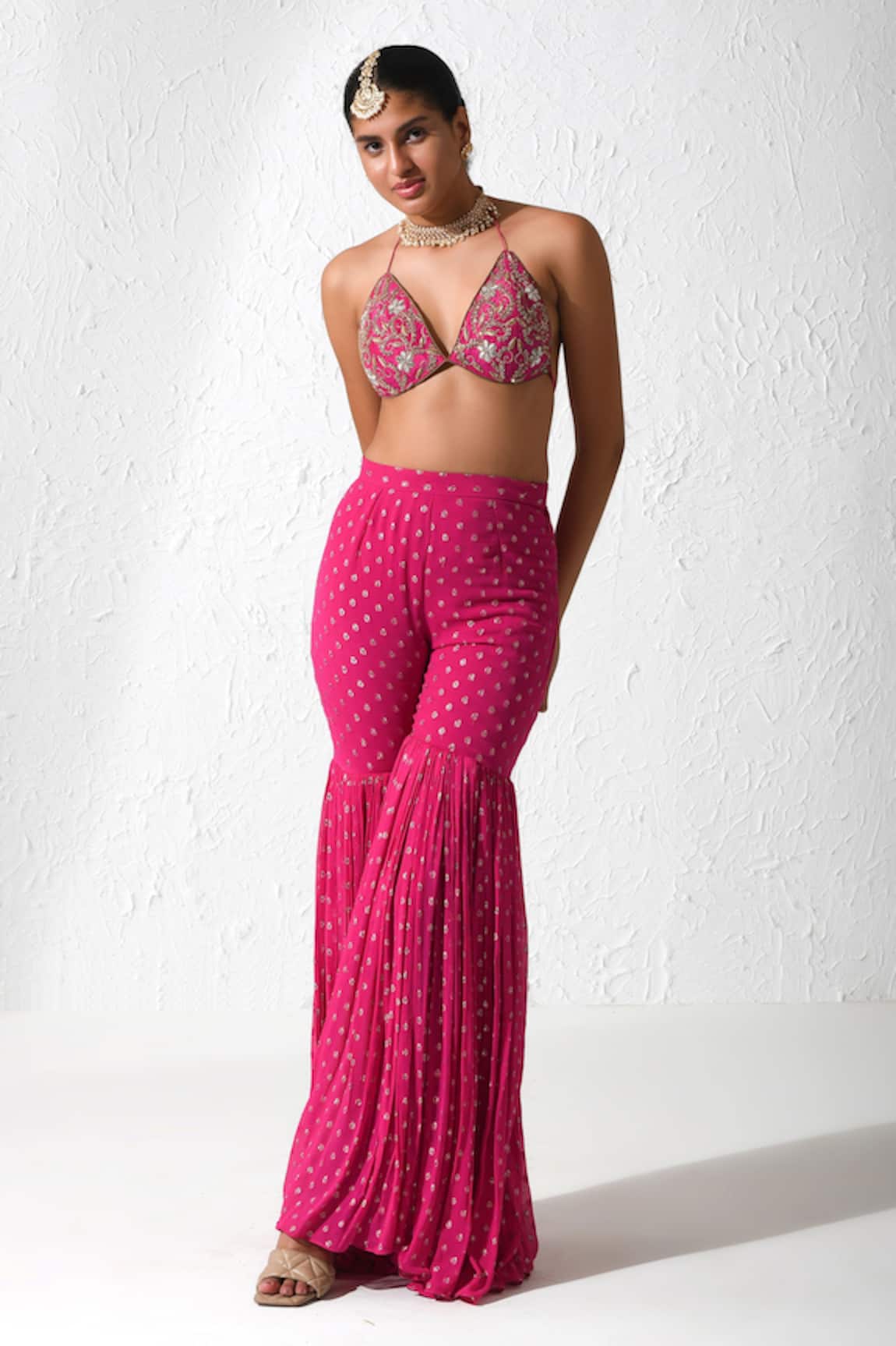 Buy Rishi  Vibhuti Pink Raw Silk Summer Sideup Bralette And Pant Set  Online  Aza Fashions