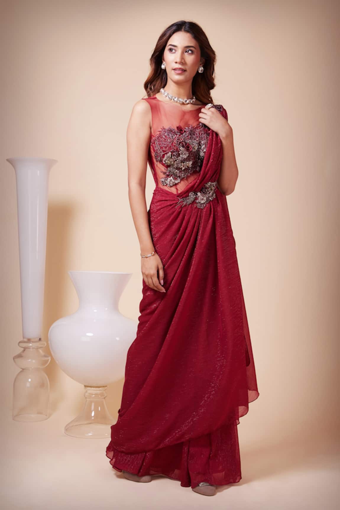 Drape saree gown Design by Nidhika shekhar at Modvey  Modvey  Modvey