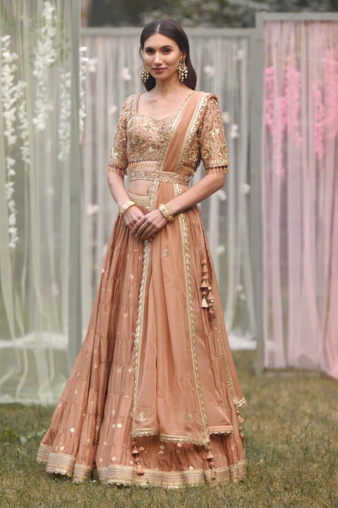Shyam Narayan Prasad Brocade Tiered Lehenga Set 