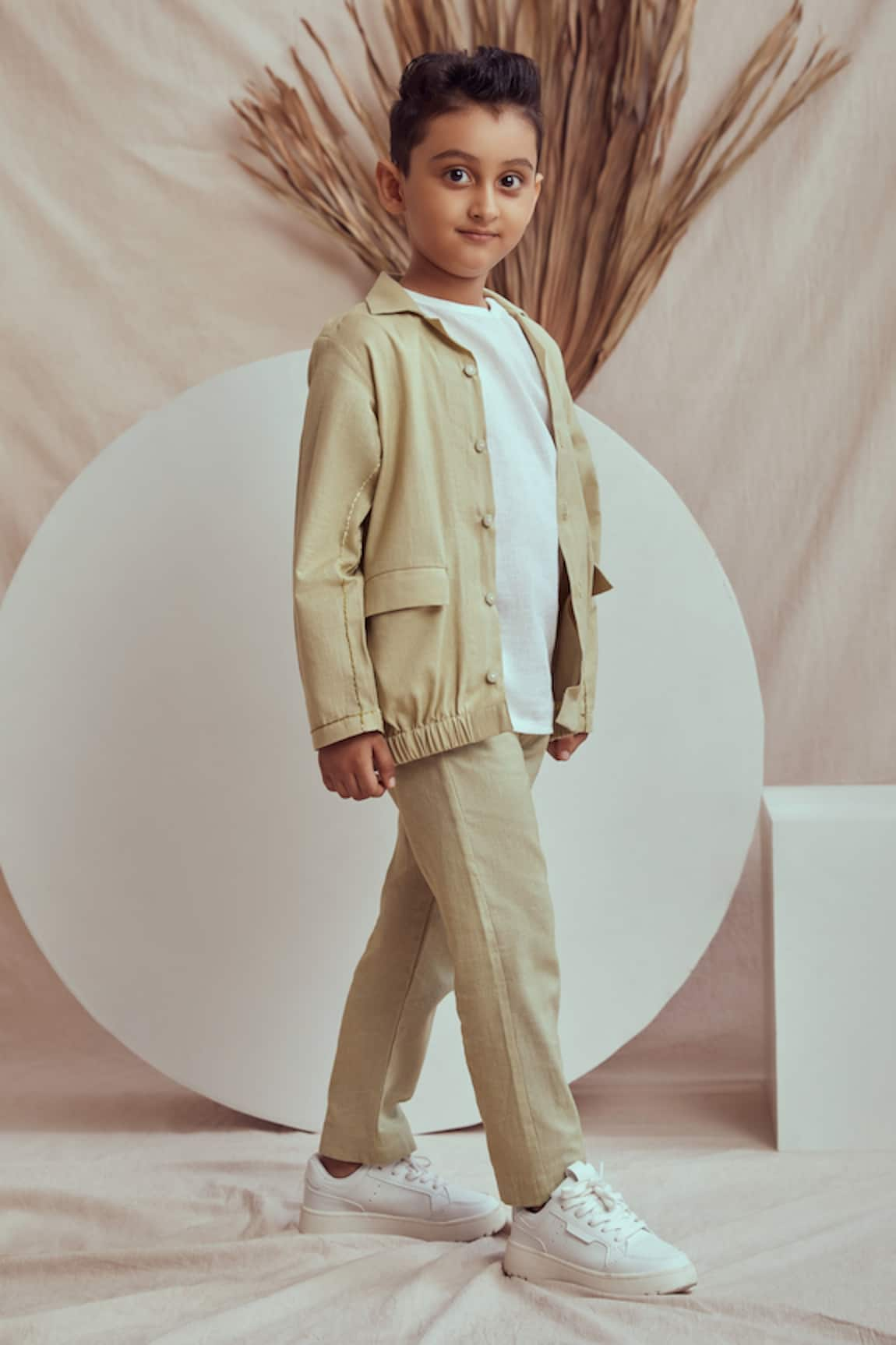 Buy Green Linen Finley Shirt Jacket And Pant Set For Boys by The