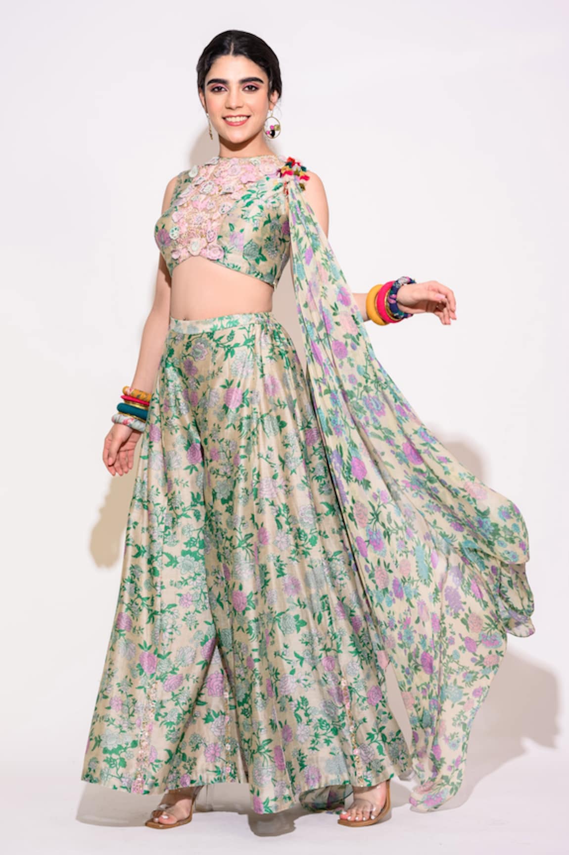 Aangan by Parul Floral Print Crop Top Palazzo Set