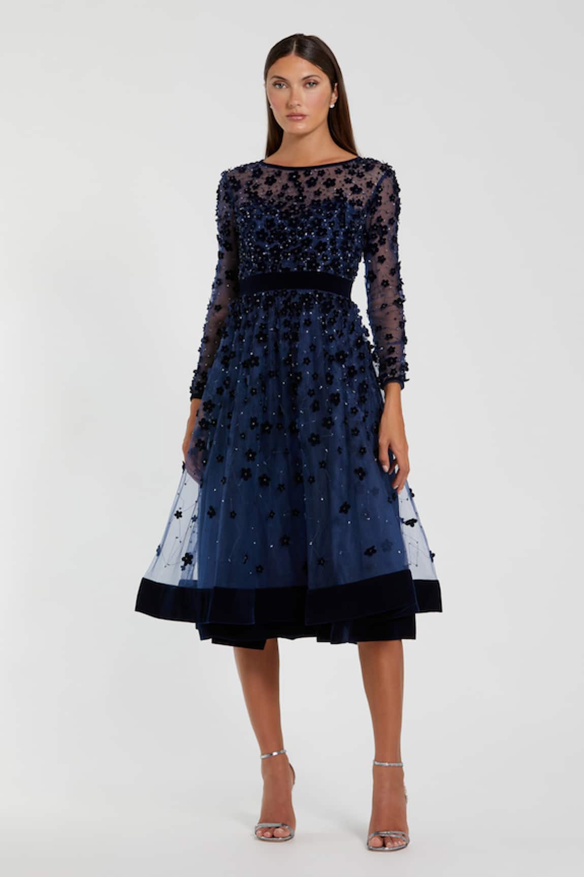 Mac Duggal Floral Applique Layered Midi Dress