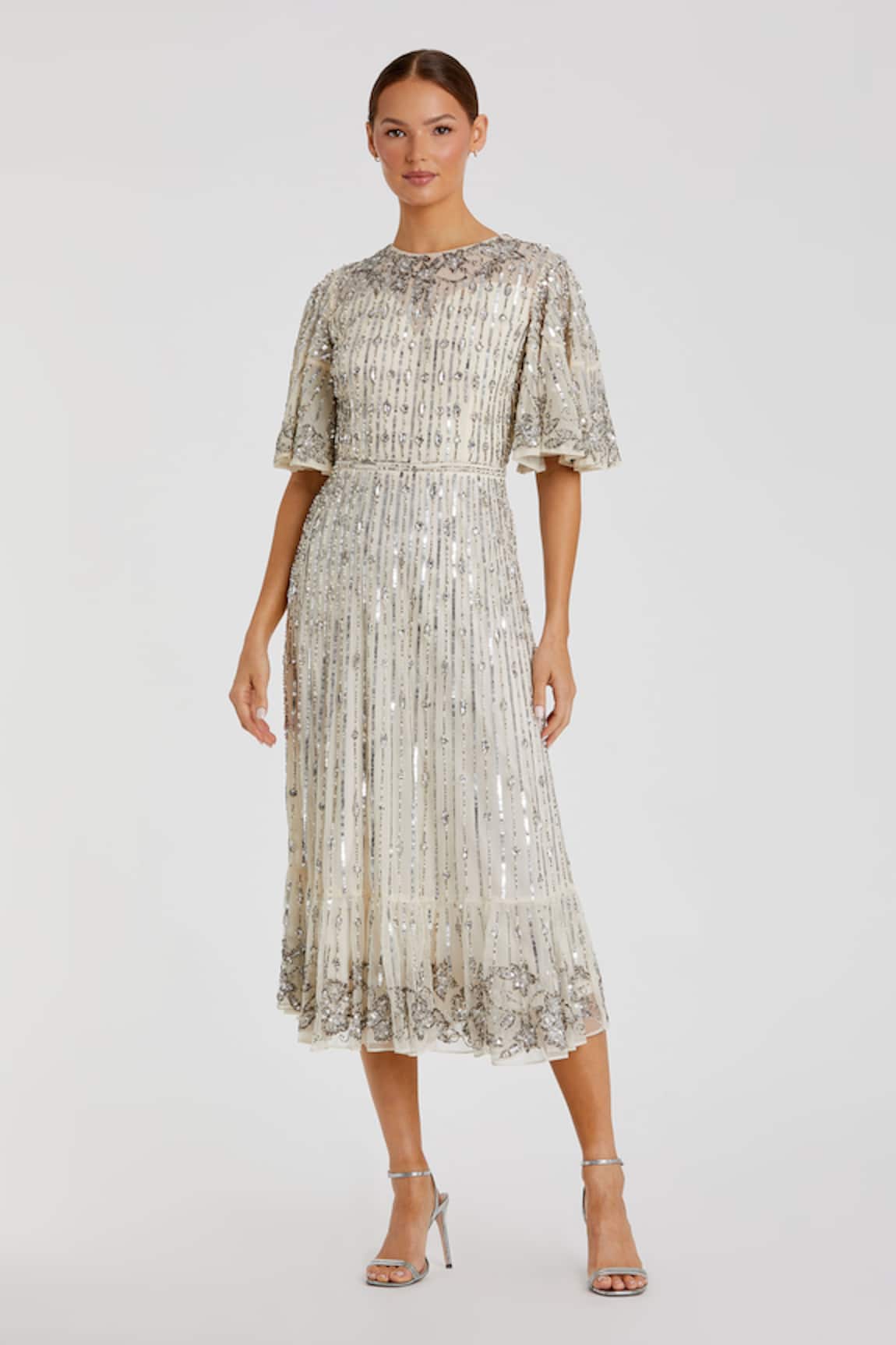 Mac Duggal Silver Sequin & Pearl Embellished Midi Dress