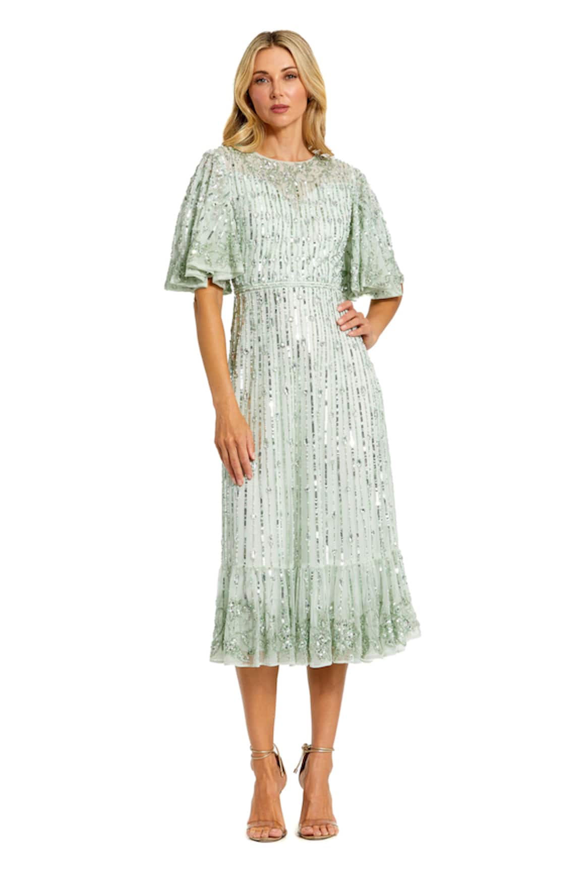 Mac Duggal Sage Green Sequin Embellished Midi Dress
