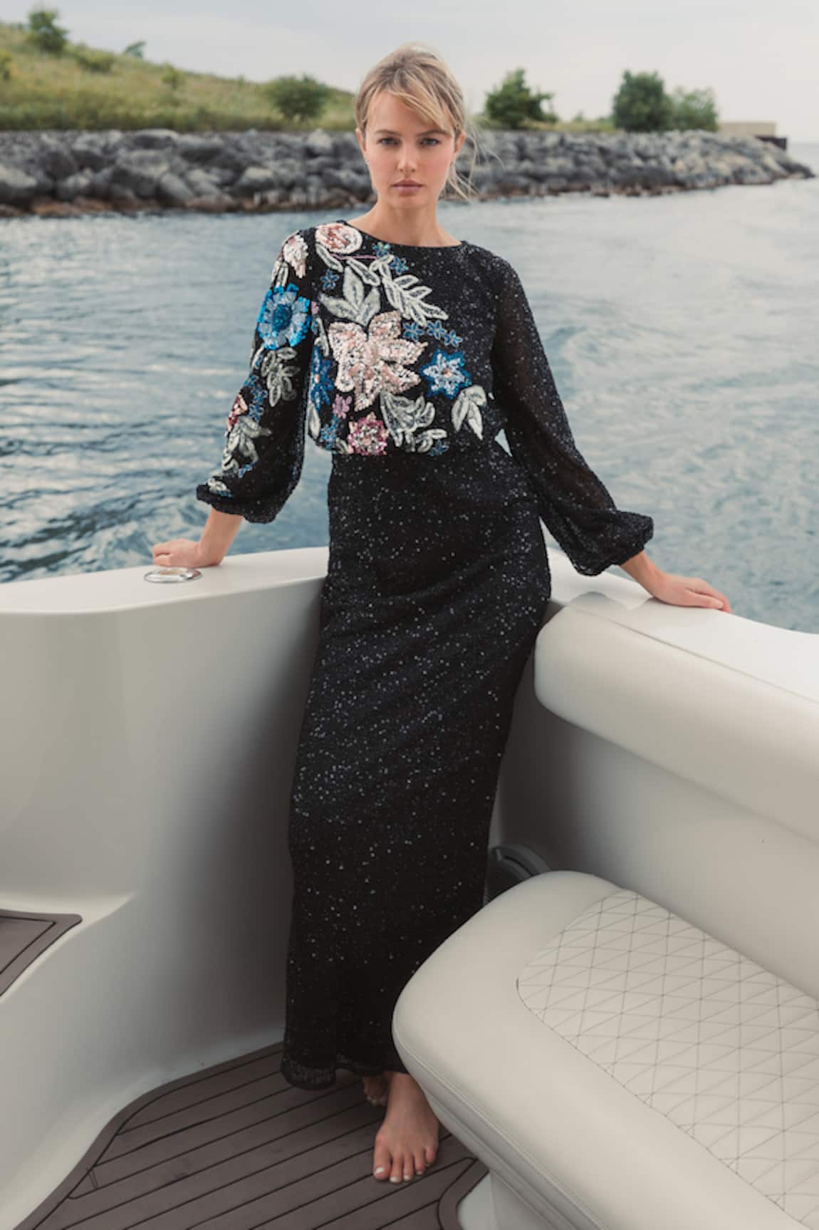 Mac Duggal Sequin Bloom Embellished Gown