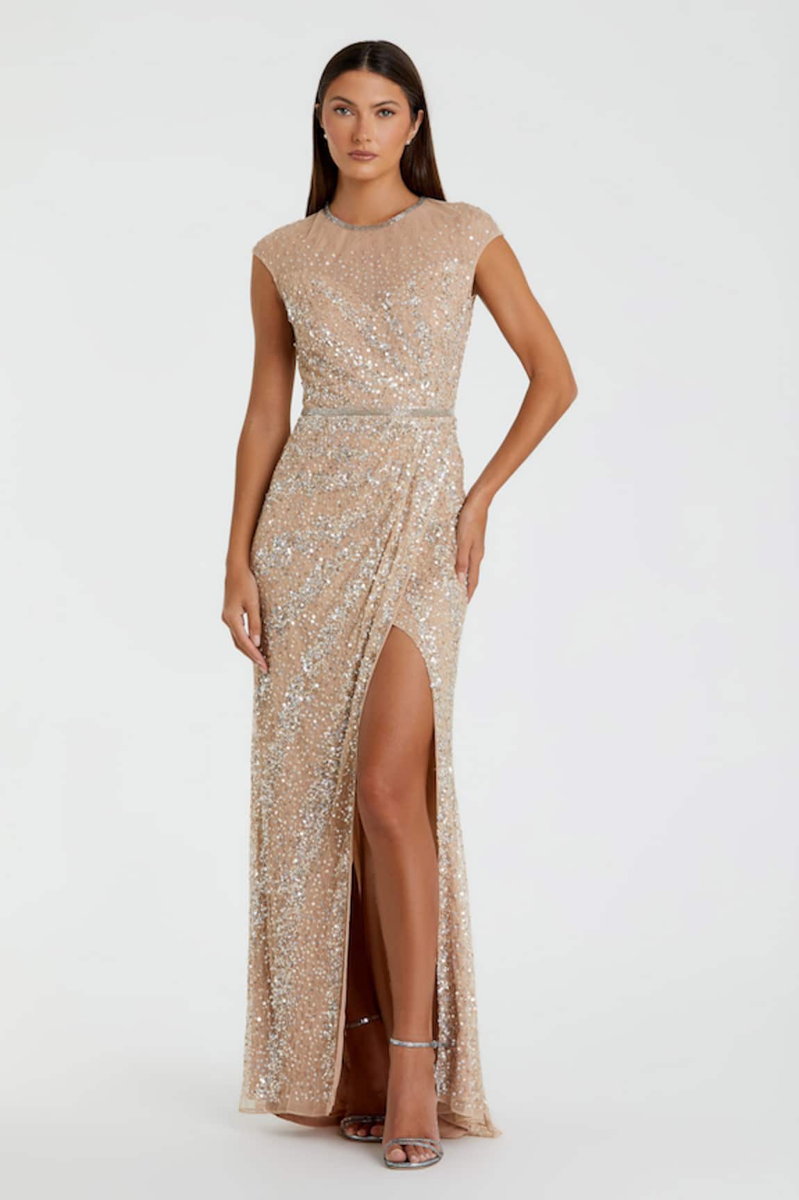 Mac Duggal Beige Sequin Ripple Wave Gown