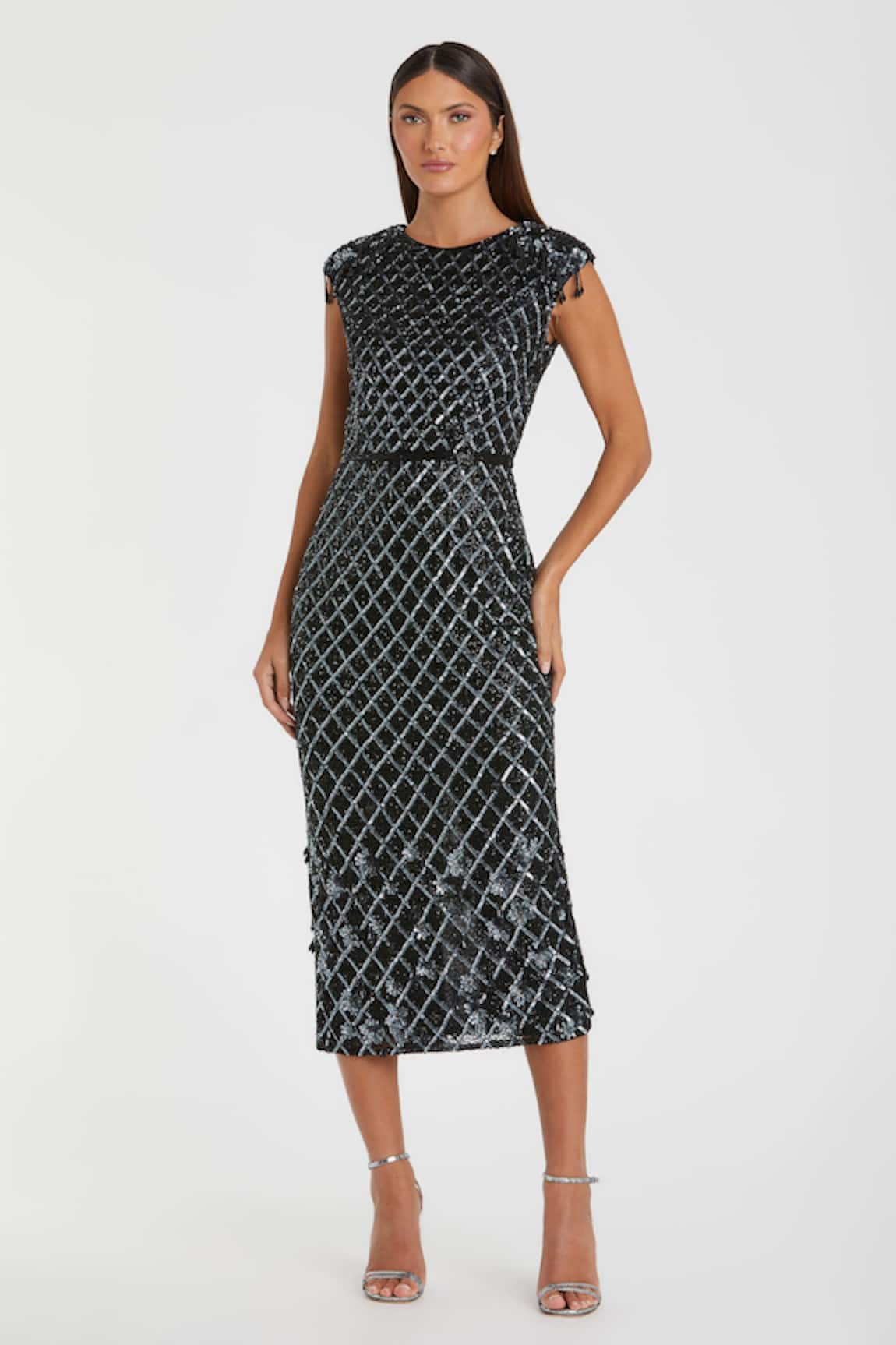 Mac Duggal Embellished Sequin Flora Midi Dress