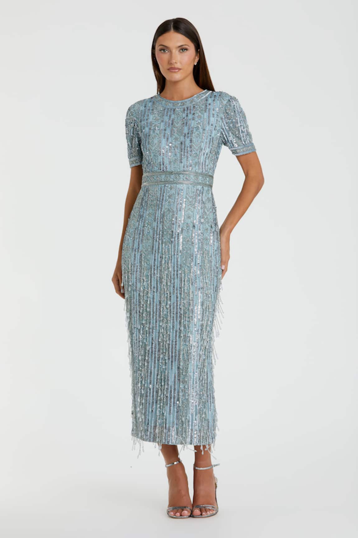 Mac Duggal Embellished Sequin Flora Art Midi Dress