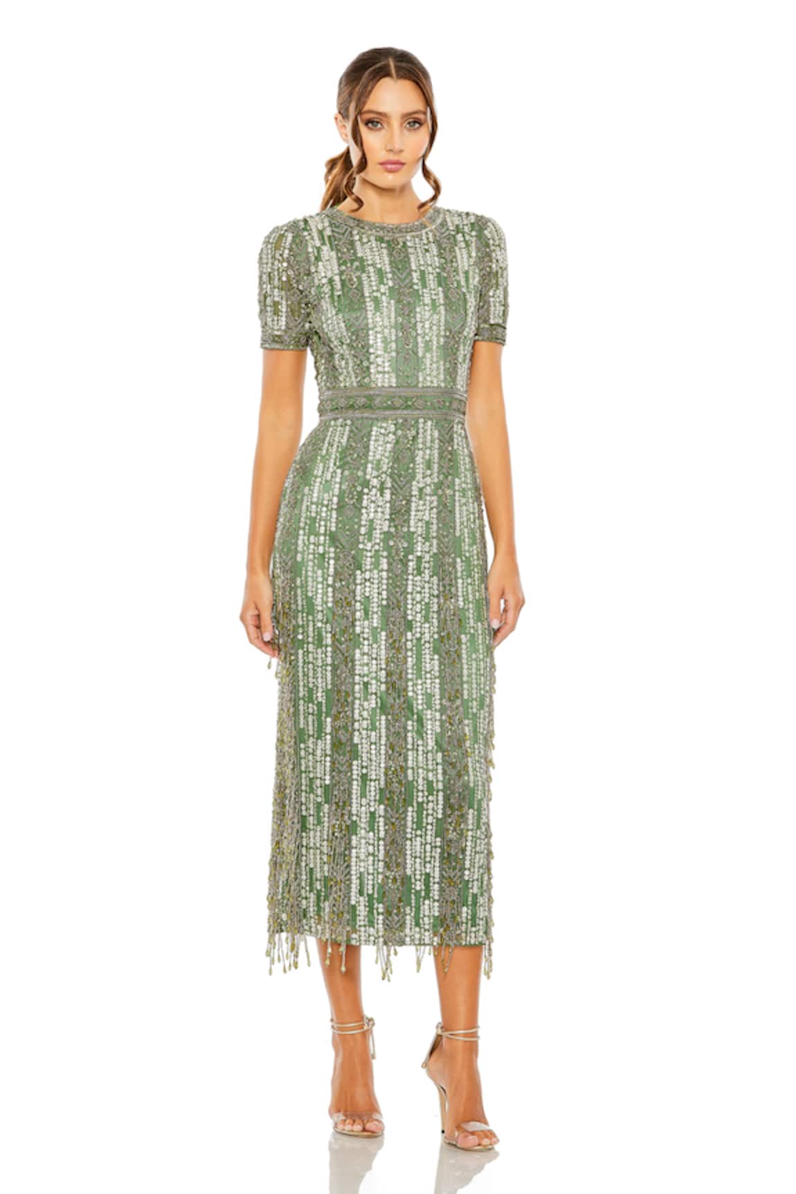 Mac Duggal Green Sequin Floral Art Midi Dress