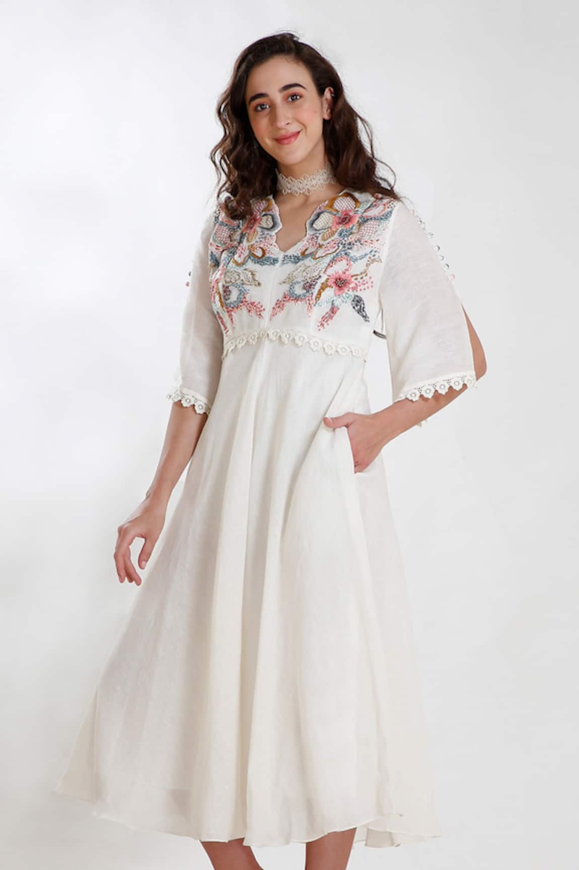 Whimsical By Shica Linen Hand Embroidered Dress