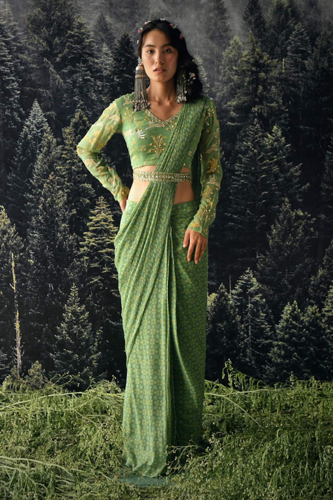 Paulmi and Harsh Bagh Print Pre-Draped Saree With Blouse