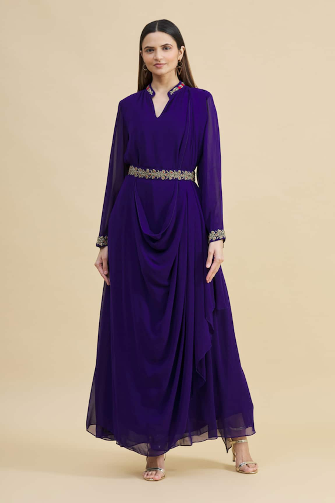 Zeel Doshi Embroidered Draped Dress with Belt