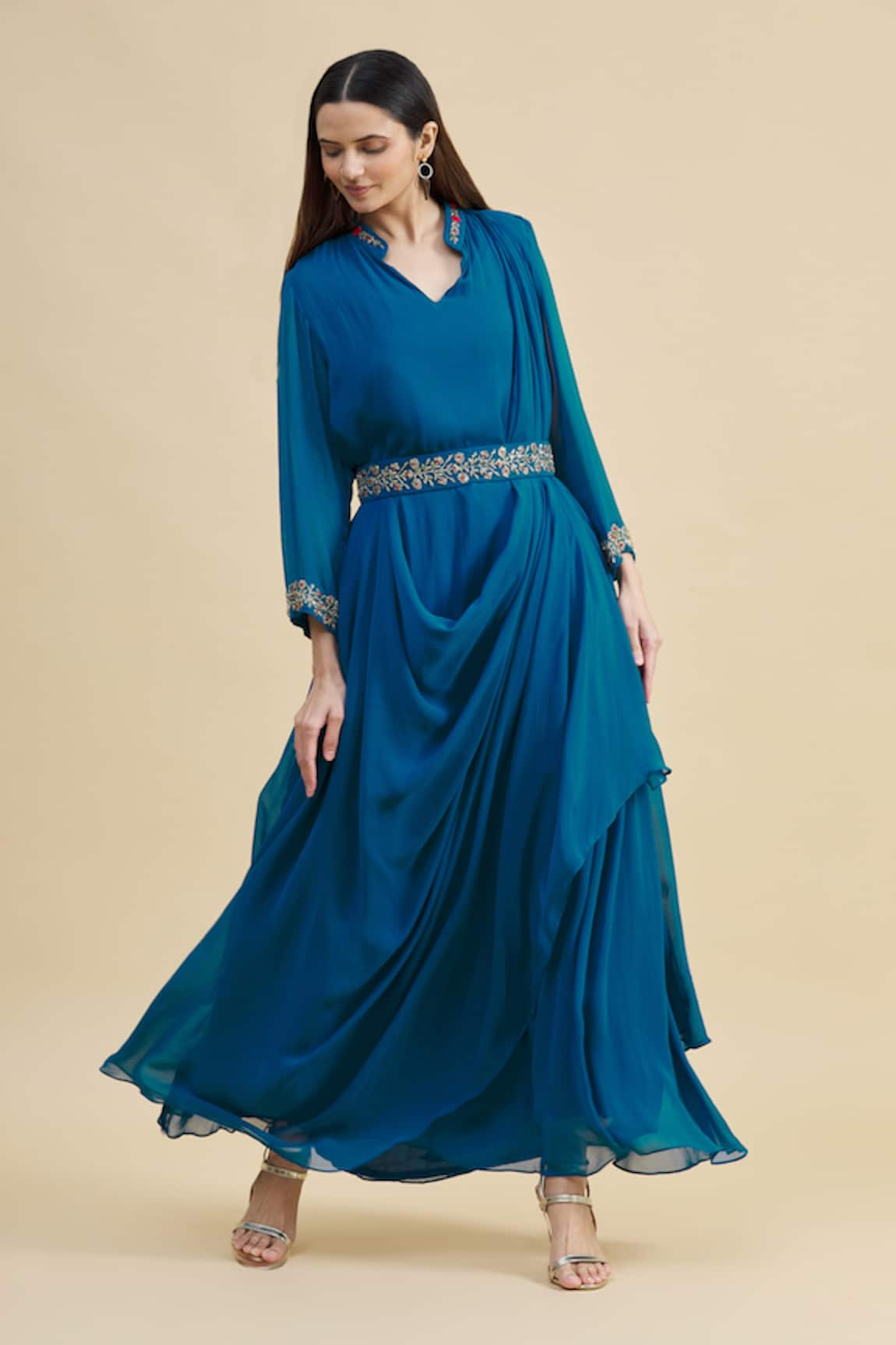 Zeel Doshi Embroidered Draped Dress with Belt