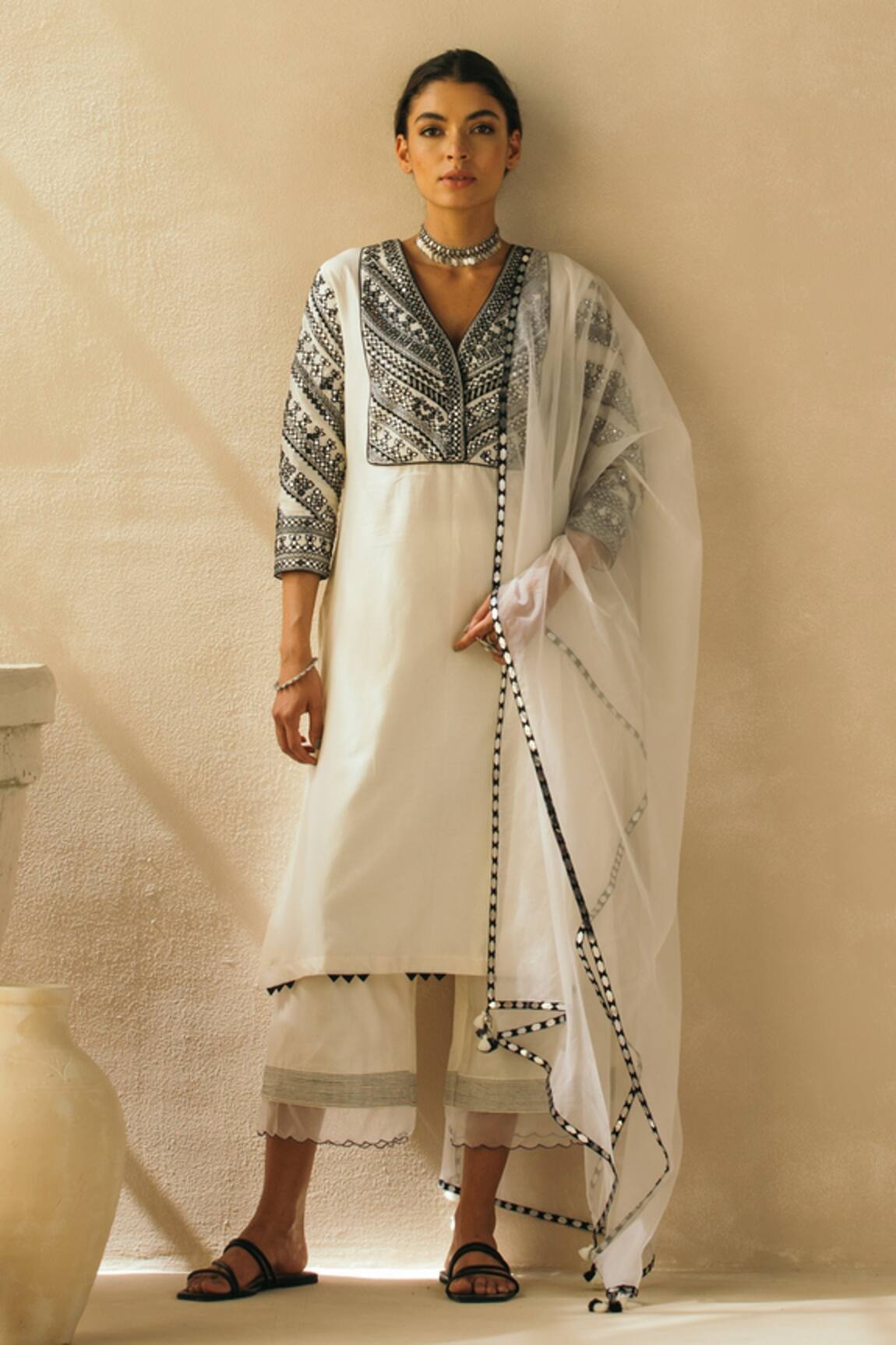 Sureena Chowdhri Mirror Embroidered Kurta Palazzo Set