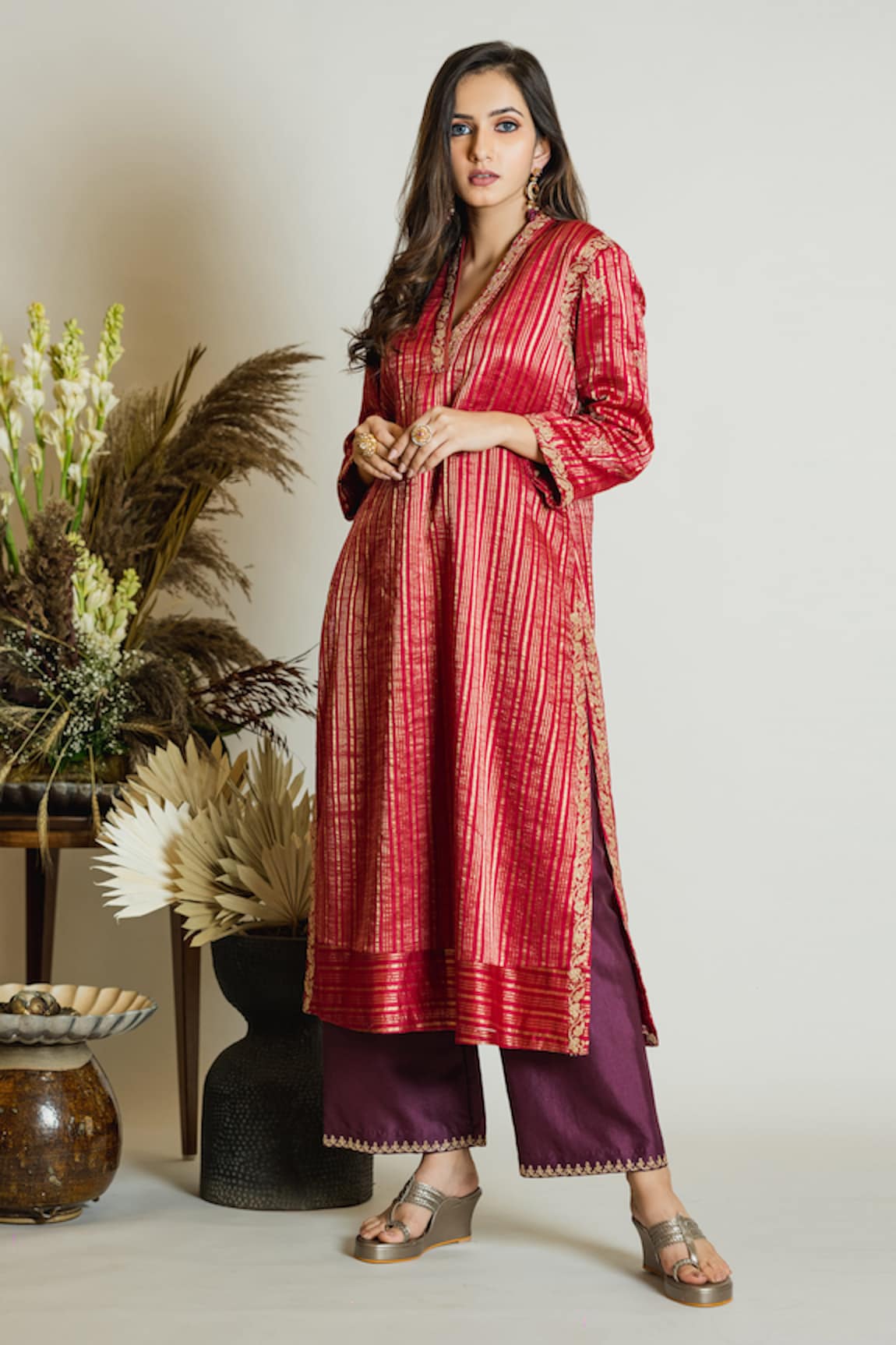 Maliha by Anar and Anoli Chanderi Silk Striped Kurta & Silk Pant Set