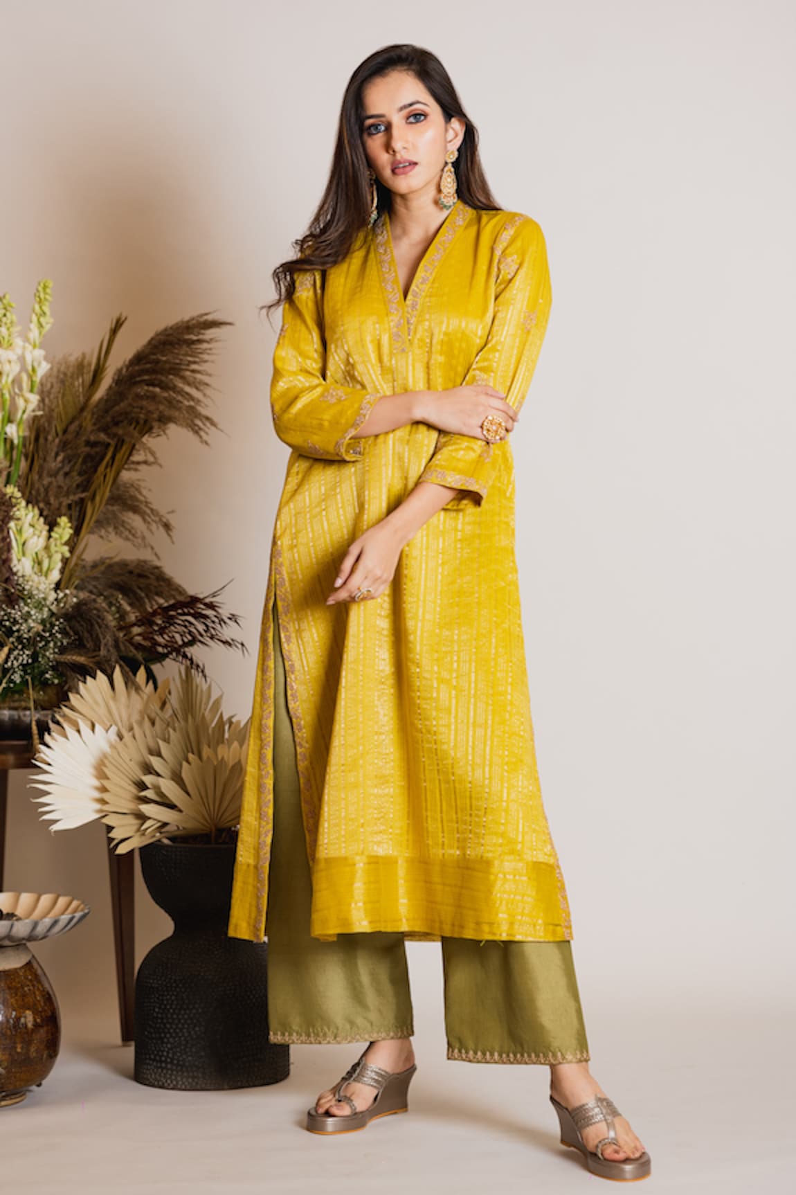 Maliha by Anar and Anoli Chanderi Silk Striped Kurta & Silk Pant Set